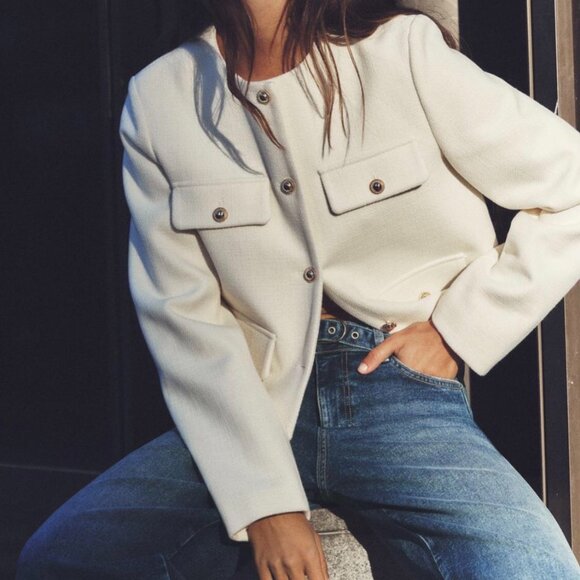 ZARA Women's Cropped Flap Jacket(Ecru, US M, L/EUR M, L) - Picture 3 of 13